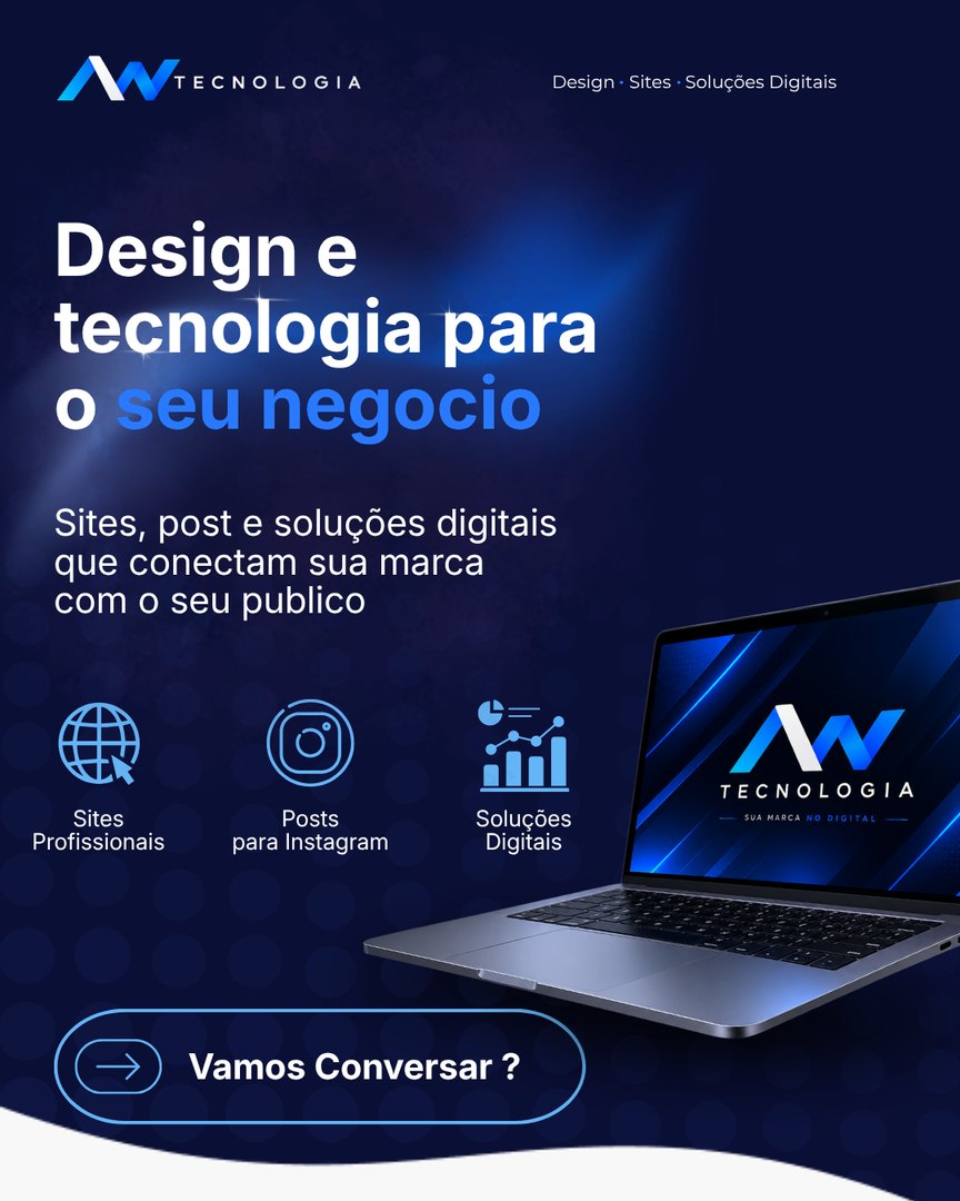 Post: Design e tecnologia para o seu negócio, com notebook exibindo a marca AW Tecnologia